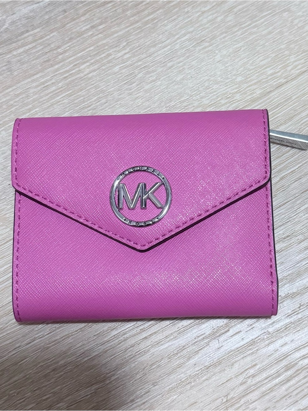 Michael Kors Hot Pink Saffiano Leather Bifold Wallet with Silver MK Emblem